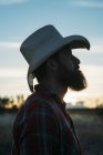 Bearded man in cowboy hat posing at countryside in dusk — Stock Photo
