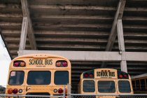 Visão traseira de dois ônibus escolares estacionados contra teto de concreto — Fotografia de Stock