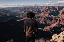 Visão traseira do homem olhando para a paisagem cênica da montanha — Fotografia de Stock