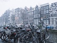 Ряд припаркованих велосипедів на вулиці в сніжний день — стокове фото