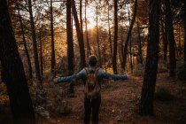 Rear view of backpacker posing with extended arms in autumn woods — стоковое фото