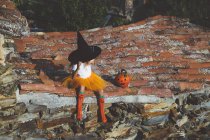 Ragazza in costume di Halloween seduta sul tetto — Foto stock