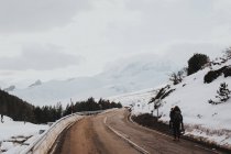 Vista trasera de la pareja caminando cerdito de vuelta en el camino de invierno en las montañas - foto de stock