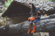Mädchen im Kostüm posiert auf Baum — Stockfoto
