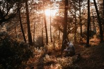Hombre sentado en el bosque y mirando en la mochila mientras se pone el sol escénico - foto de stock