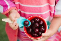 Primo piano di bambina che tiene ciotola di ciliegie fresche con cucchiaio di plastica — Foto stock
