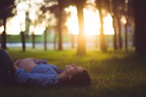 Glücklich schwangere Frau liegt auf Gras im Park. Horizontale Außenaufnahmen. — Stockfoto