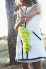 Среднее сечение девочки, держащей зеленый виноград — стоковое фото