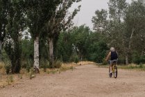 Вид ззаду на велосипед старшого чоловіка на сільській дорозі — стокове фото