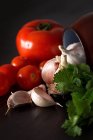 Frische Knoblauchzehen mit frischen Tomaten und Petersilie auf dunklem Hintergrund mit Glas — Stockfoto