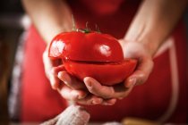 Крупним планом жіночі руки, що тримають свіжий половинний помідор — стокове фото