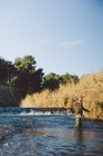 Vista lateral del hombre de pie en el río y la pesca con caña en el día soleado - foto de stock