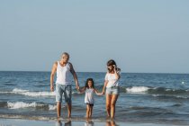 Ritratto di famiglia che cammina sulla spiaggia e si tiene per mano
. — Foto stock