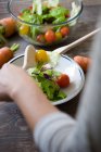 Erntehelfer mischen Salat im Teller — Stockfoto