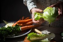 Crop image of hands tearing napa cabbage leaves over wooden board on table — Stock Photo