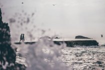 Vue latérale du couple marchant sur la jetée au bord de la mer . — Photo de stock
