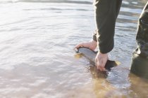 Pescador de culturas que coloca capturas na água do rio — Fotografia de Stock