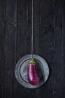 Eggplant hanging on string over silver plate — Stock Photo