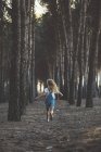 Счастливый ребенок весело бежит среди деревьев в лесу — стоковое фото