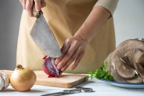 Mid section of female slicing onion with chopper on wooden board — Stock Photo