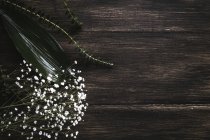 Draufsicht auf Zweig mit kleinen weißen Blüten auf Holzgrund — Stockfoto