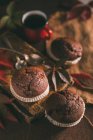 Chocolate muffins with foliage on vintage book — Stock Photo
