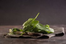 Close up view of spinach leaves and wooden spoon on rural towel — Stock Photo