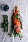 Натюрморт сирої червоної скорпіонної риби з розмарином і чебрецем на скатертині — стокове фото