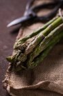 Close up view of green asparagus on rustic sacking — Stock Photo