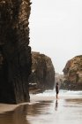 Vue latérale de l'homme barbu debout à l'anse des falaises et regardant l'océan . — Photo de stock