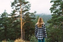 Vue arrière de la fille i chemise à carreaux posant dans la forêt — Photo de stock