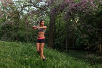 Девушка в спортивной одежде разогревает плечи на лужайке в парке — стоковое фото