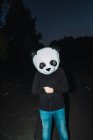 Retrato de homem vestindo máscara de cabeça panda posando na estrada da noite — Fotografia de Stock