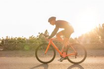 Cyclist riding bicycle along asphalt road on sunny day. — Stock Photo