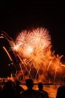 Silhouettes de personnes admirant les éclaboussures de feux d'artifice dans le ciel nocturne — Photo de stock