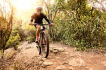 Vorderansicht eines Mannes, der Fahrrad im sonnenbeschienenen Wald fährt — Stockfoto