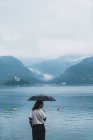 Vista trasera de la mujer morena posando con paraguas y mirando por encima del hombro en la orilla del lago - foto de stock