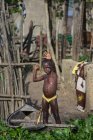 Benin, afrika - 31. august 2017: kleiner schwarzer junge steht mit stock neben zaun und blickt in kamera. — Stockfoto
