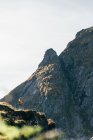 Далекий взгляд на женщину, позирующую на скале в горах — стоковое фото