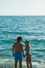 Visão traseira do casal posando na costa do oceano — Fotografia de Stock