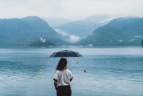 Visão traseira da mulher com guarda-chuva na costa do lago nebuloso — Fotografia de Stock