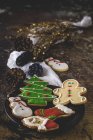 Natura morta di tavolo con biscotti di Natale su piatto e decorazioni festive — Foto stock
