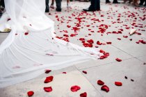 Pétalas de rosa vermelhas deitadas no chão de azulejos na cerimônia de casamento . — Fotografia de Stock