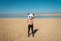 Ganzkörperporträt einer Frau mit Panda-Spielzeugkopf, die am sandigen Seeufer posiert — Stockfoto