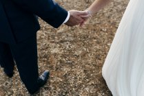 Crop stylish bride and groom holding hands and walking on field — Stock Photo