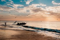 Vögel greifen Person an, die am Strand auf dem Hintergrund eines in Ufernähe stehenden Bootes läuft, goree, senegal — Stockfoto