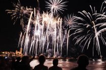 Fogos de artifício salpicos no céu noturno sobre o rio — Fotografia de Stock
