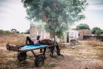 Goree, senegal- 6. Dezember 2017: Afrikanischer Mann liegt auf einem Pferdefuhrwerk in einem armen ländlichen Dorf. — Stockfoto