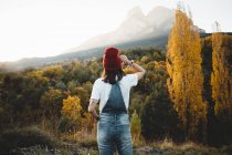 Vista posteriore della donna in cappello rosso in posa a natura — Foto stock
