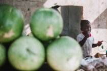 Goree, senegal- 6. Dezember 2017: Stapel grüner Kokosnüsse über einem kleinen Mädchen, das Kokosnüsse auf dem Marktplatz isst. — Stockfoto